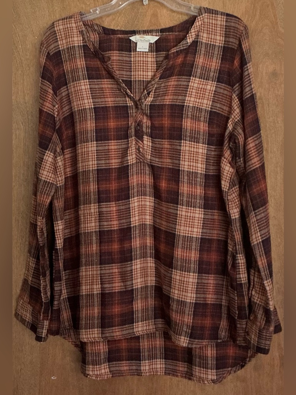 Bob Timberlake Women L Plaid Tunic Blouse Henley Neck Earth Tone Cotton Flannel